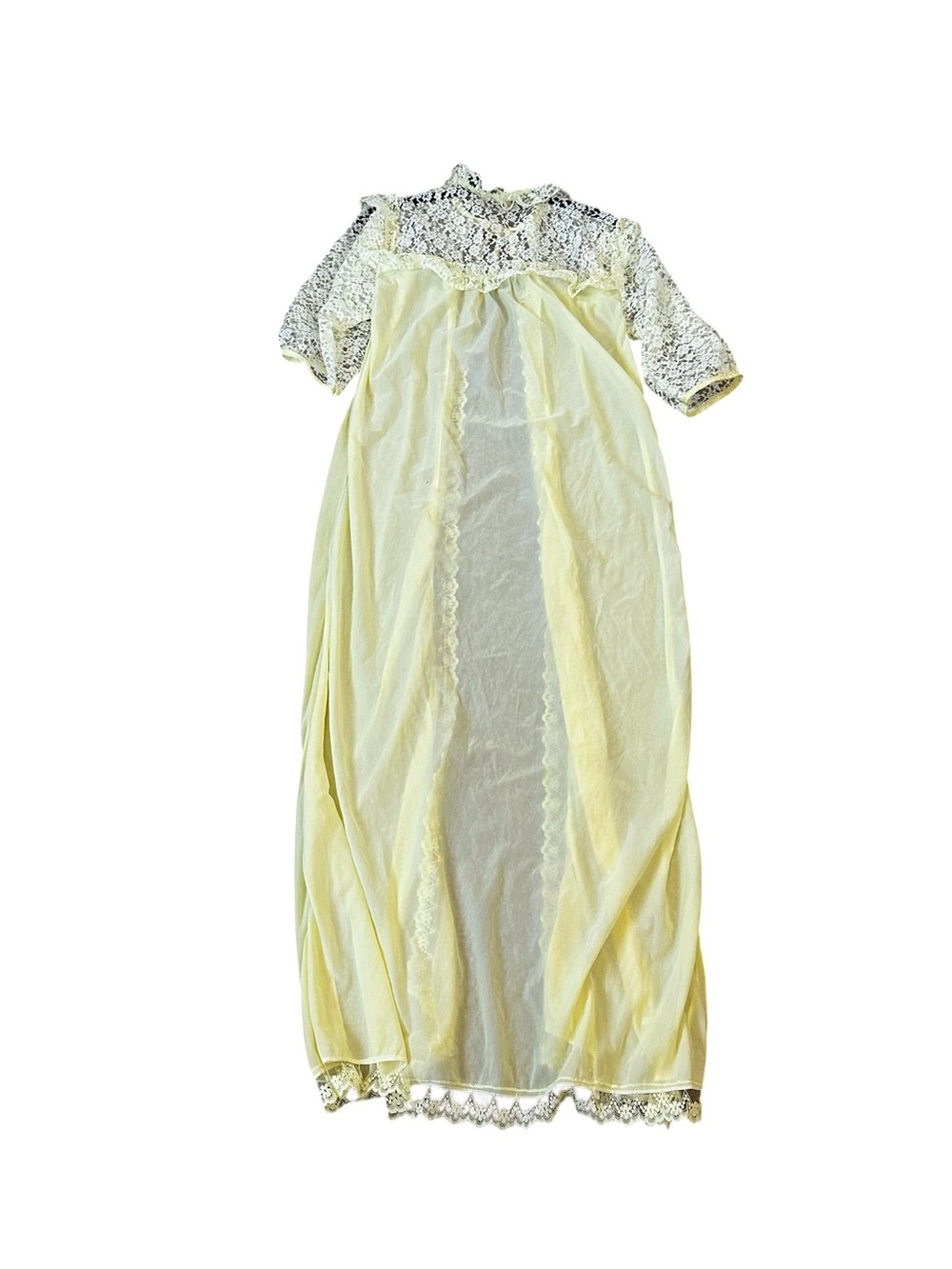 Vintage Yellow Peignoir Robe Sheer Nylon Lace Cottagecore Romantic Victorian